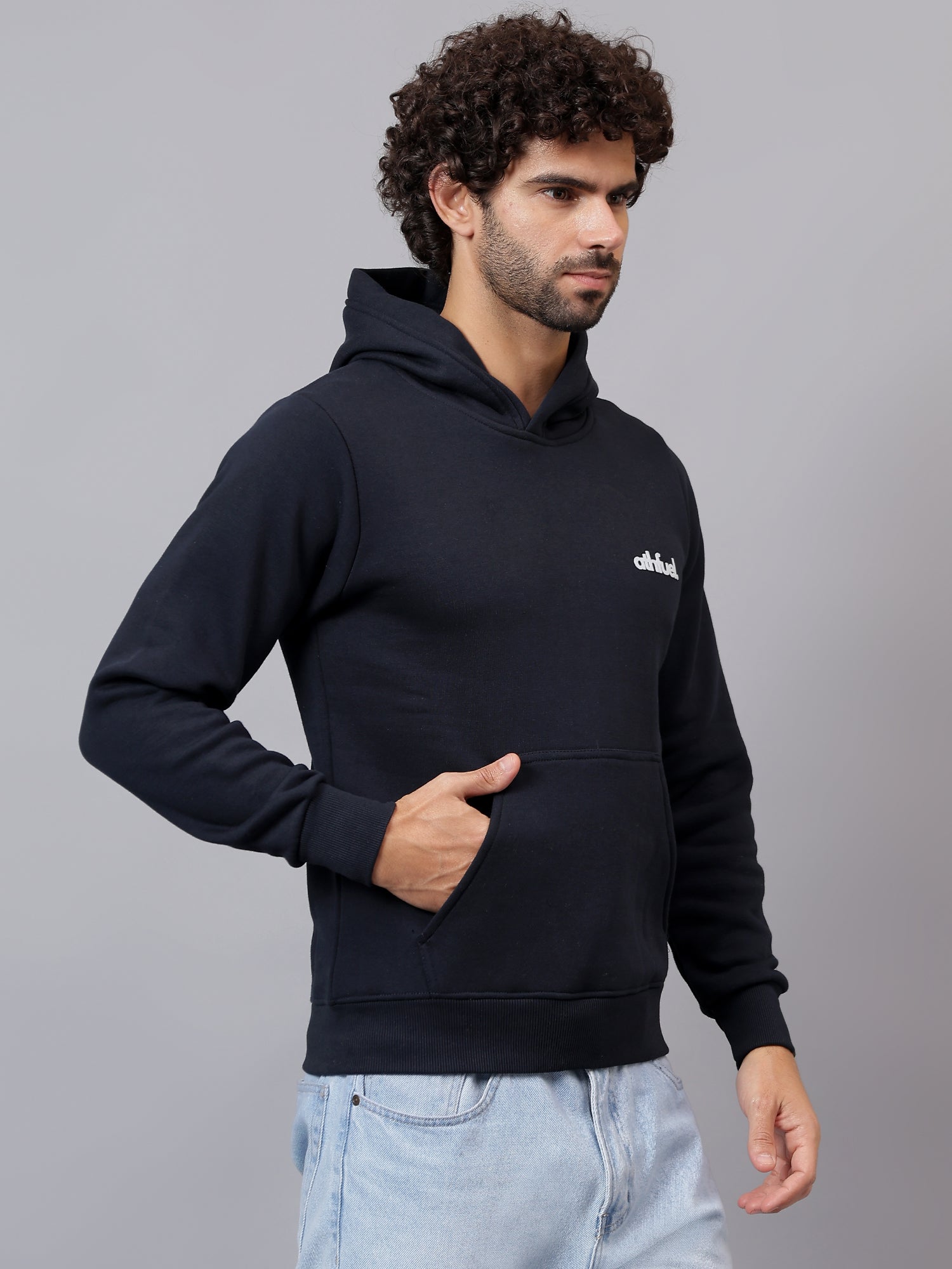 Side view of Athfuel “I’m OK” printed hoodie showing relaxed fit and clean silhouette in Dark Blue