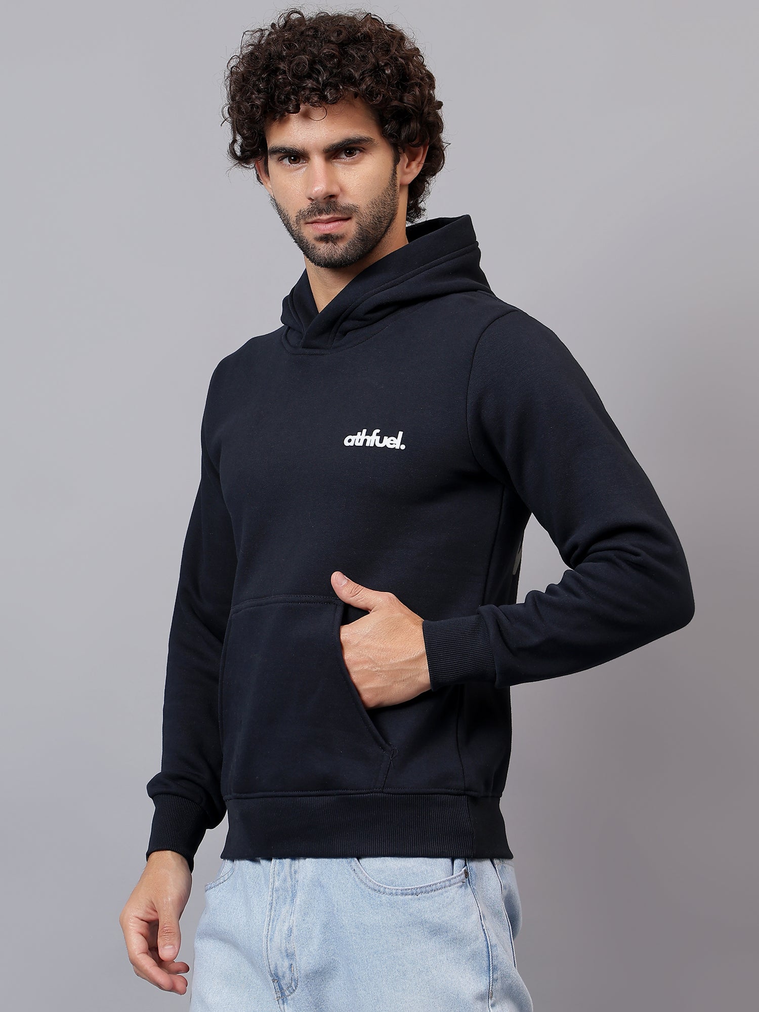 Side view of Athfuel “I’m OK” printed hoodie showing relaxed fit and clean silhouette in color Dark Blue