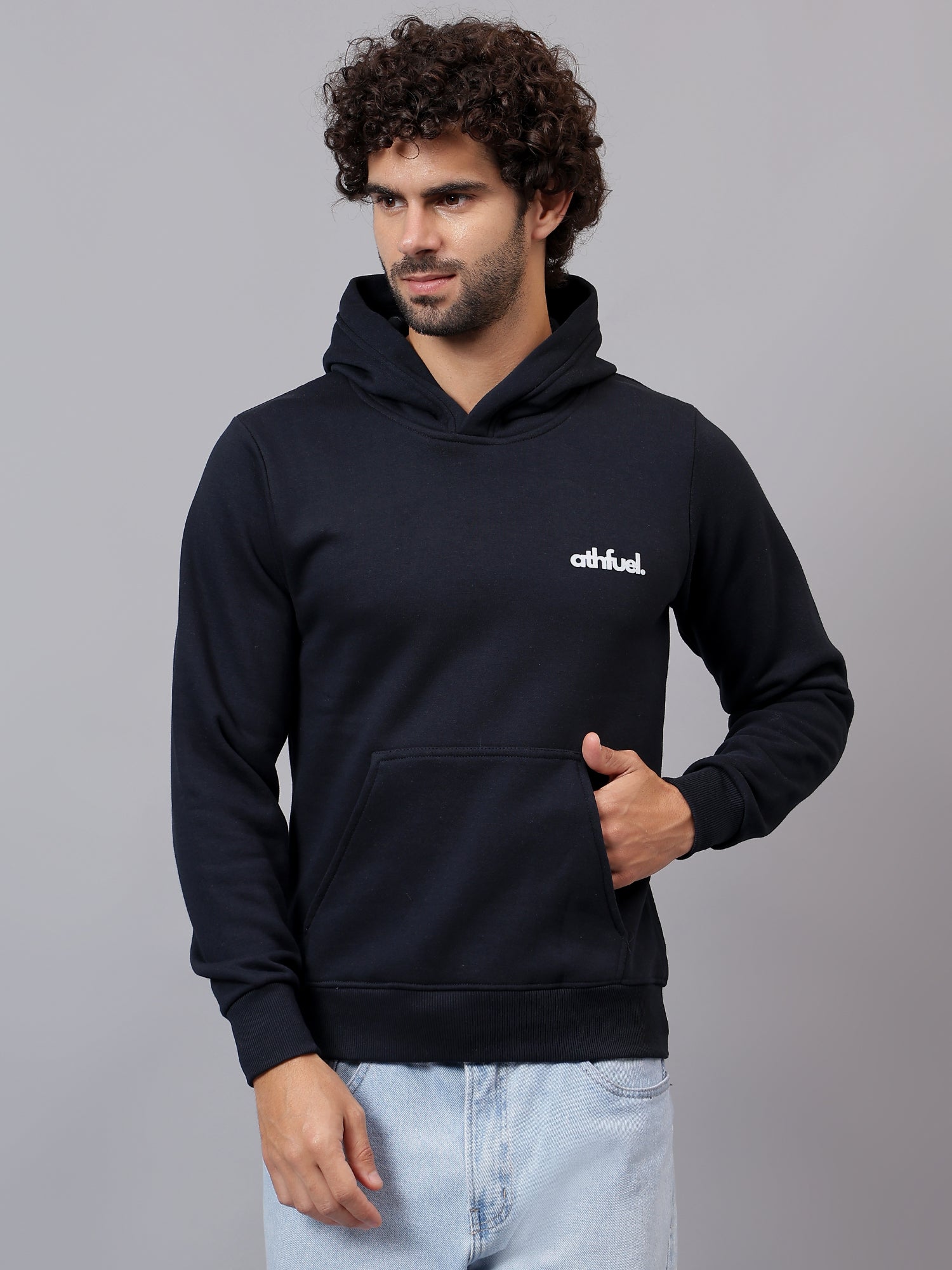 Athfuel “I’m OK” printed hoodie for men and women, front view with minimal front branding in color Dark Blue
