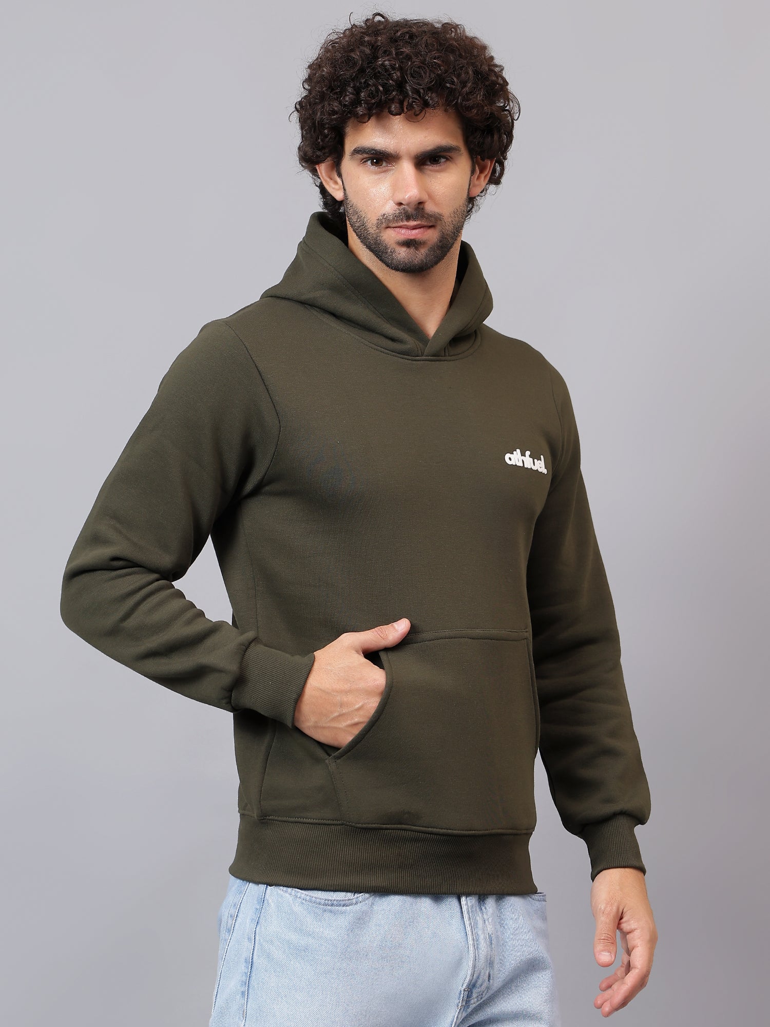 Side view of Athfuel “I’m OK” printed hoodie showing relaxed fit and clean silhouette in color Dark Green