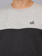 Close view of ribbed neckline and premium stitching on Athfuel Merge two-tone sweatshirt in Grey-DarkGrey
