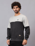 Model wearing Athfuel Merge two-tone sweatshirt styled casually in Grey-DarkGrey