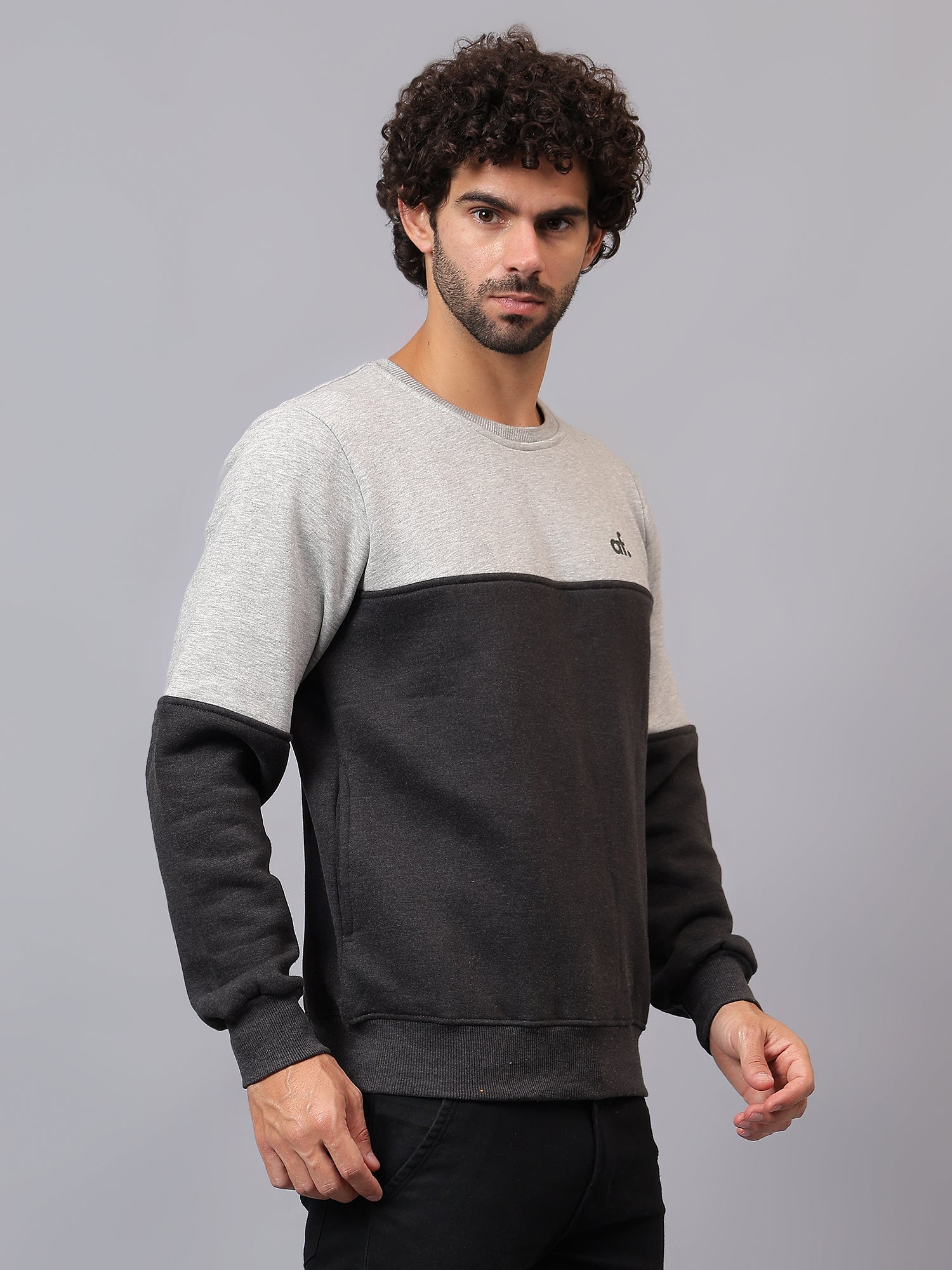 Side profile of Athfuel Merge two-tone sweatshirt highlighting modern fit and color contrast in Grey-DarkGrey