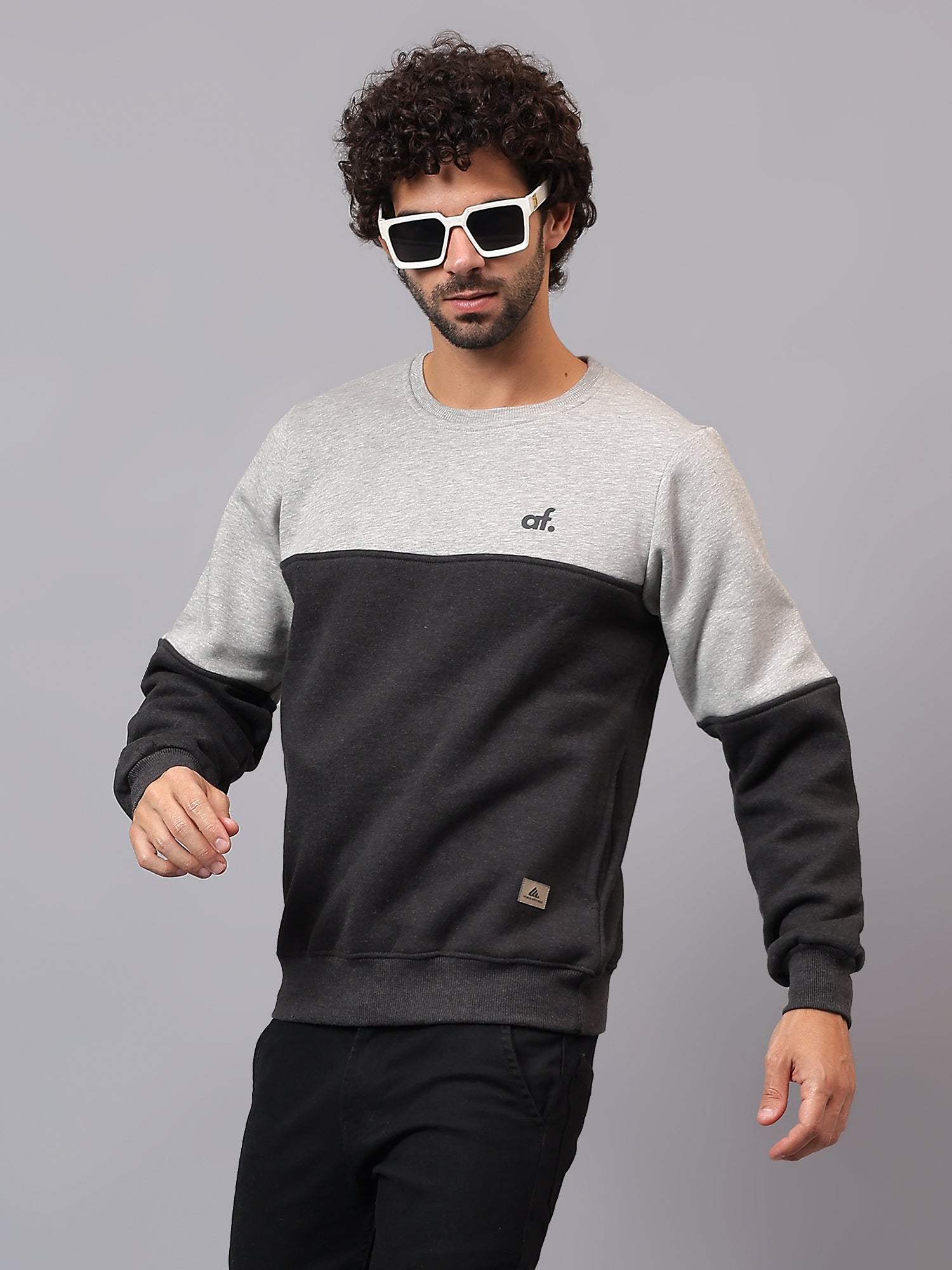 Side profile of Athfuel Merge two-tone sweatshirt highlighting modern fit and color contrast in Grey-DarkGrey