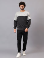 Model wearing Athfuel Merge two-tone sweatshirt styled casually in Grey-DarkGrey
