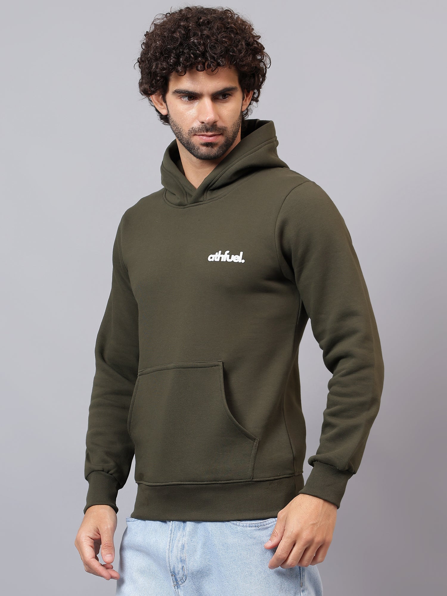 Side view of Athfuel “I’m OK” printed hoodie showing relaxed fit and clean silhouette in color Dark Green