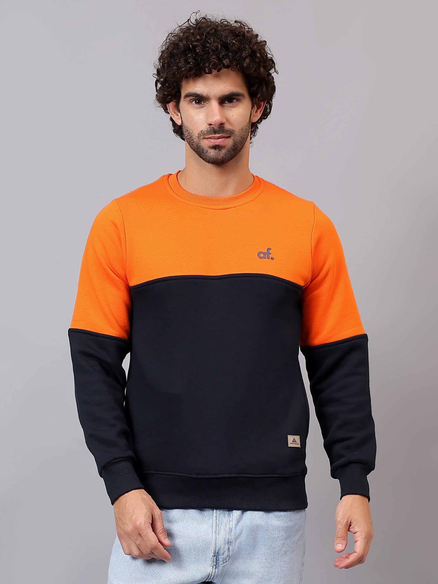 Athfuel Merge two-tone sweatshirt for men and women, front view with clean minimal design in Orange-NavyBlue