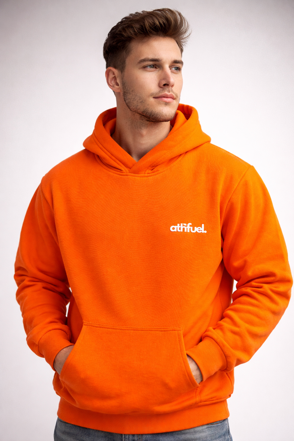 Man wearing Athfuel 'Im OK' hoodie in color Orange