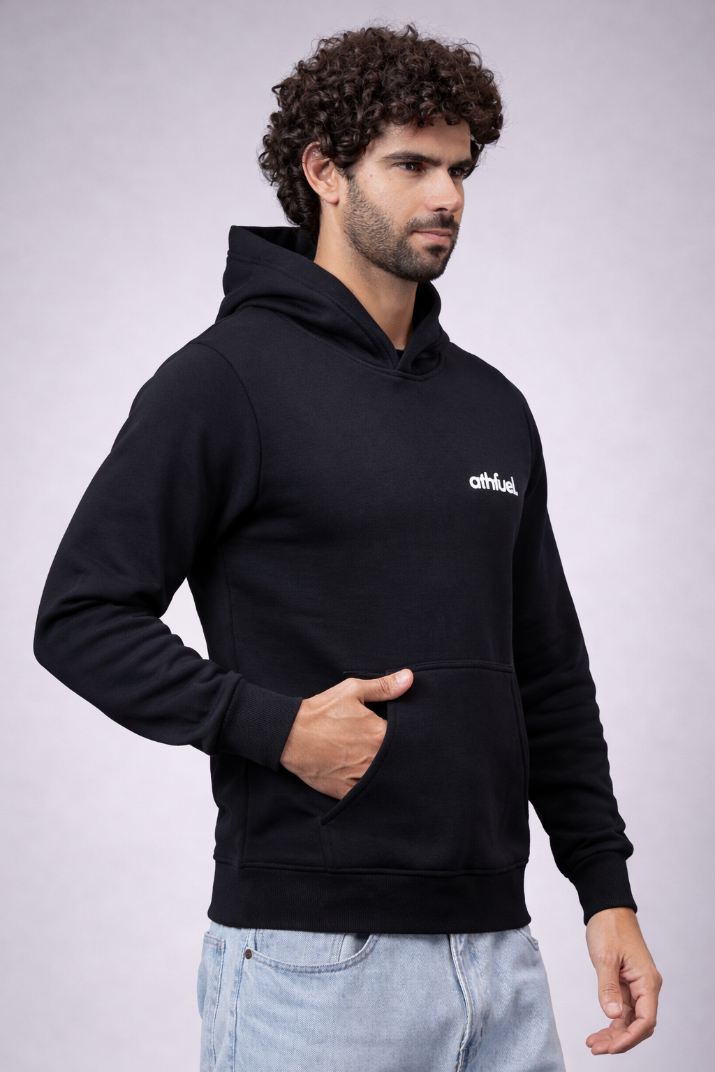 Side view of Athfuel “I’m OK” printed hoodie showing relaxed fit and clean silhouette in Black