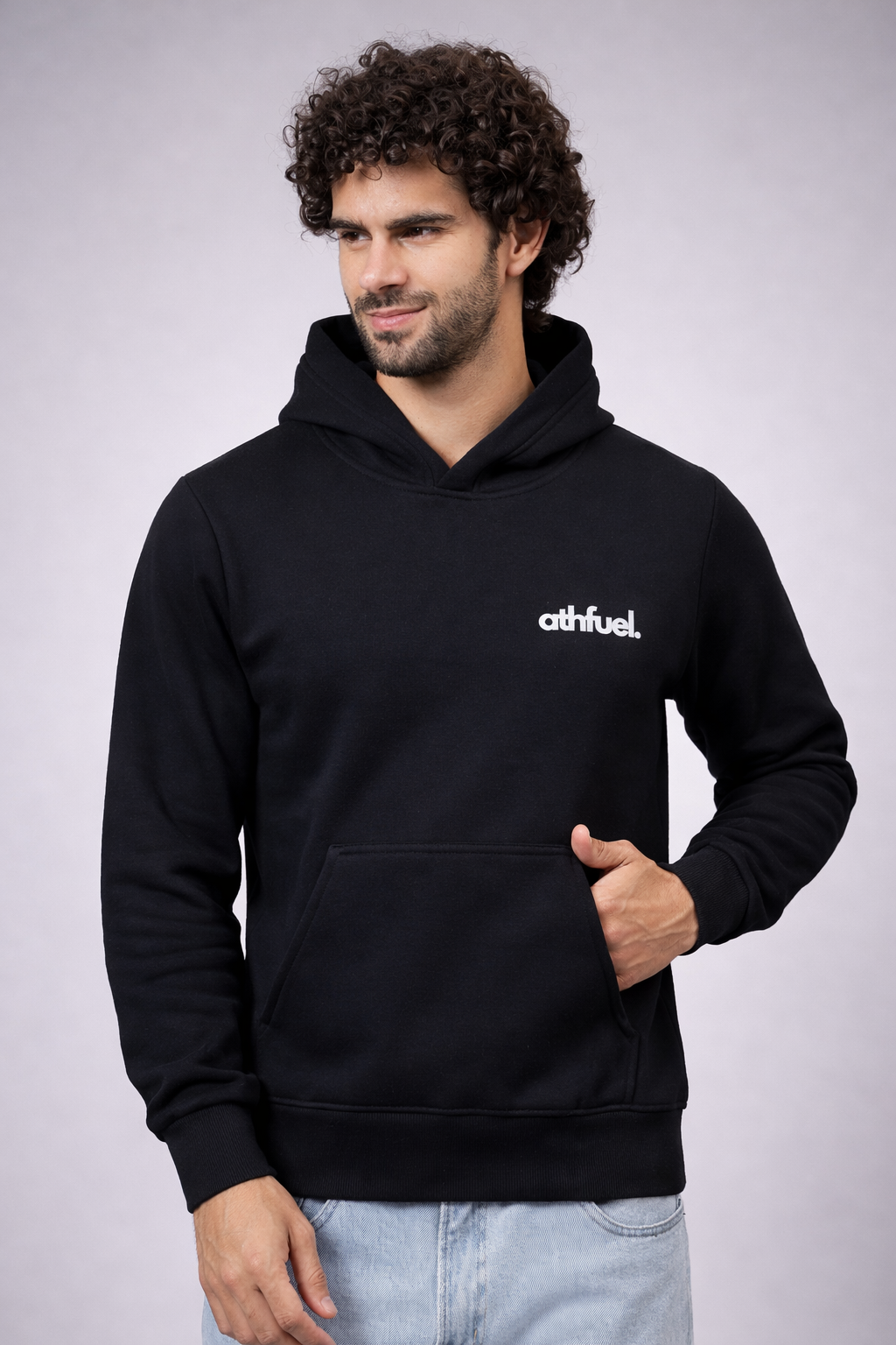 Athfuel “I’m OK” printed hoodie for men and women, front view with minimal front branding in color Black