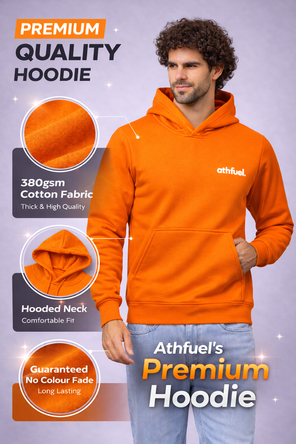 Premium Quality Athfuel 380 GSM hoodie in color orange