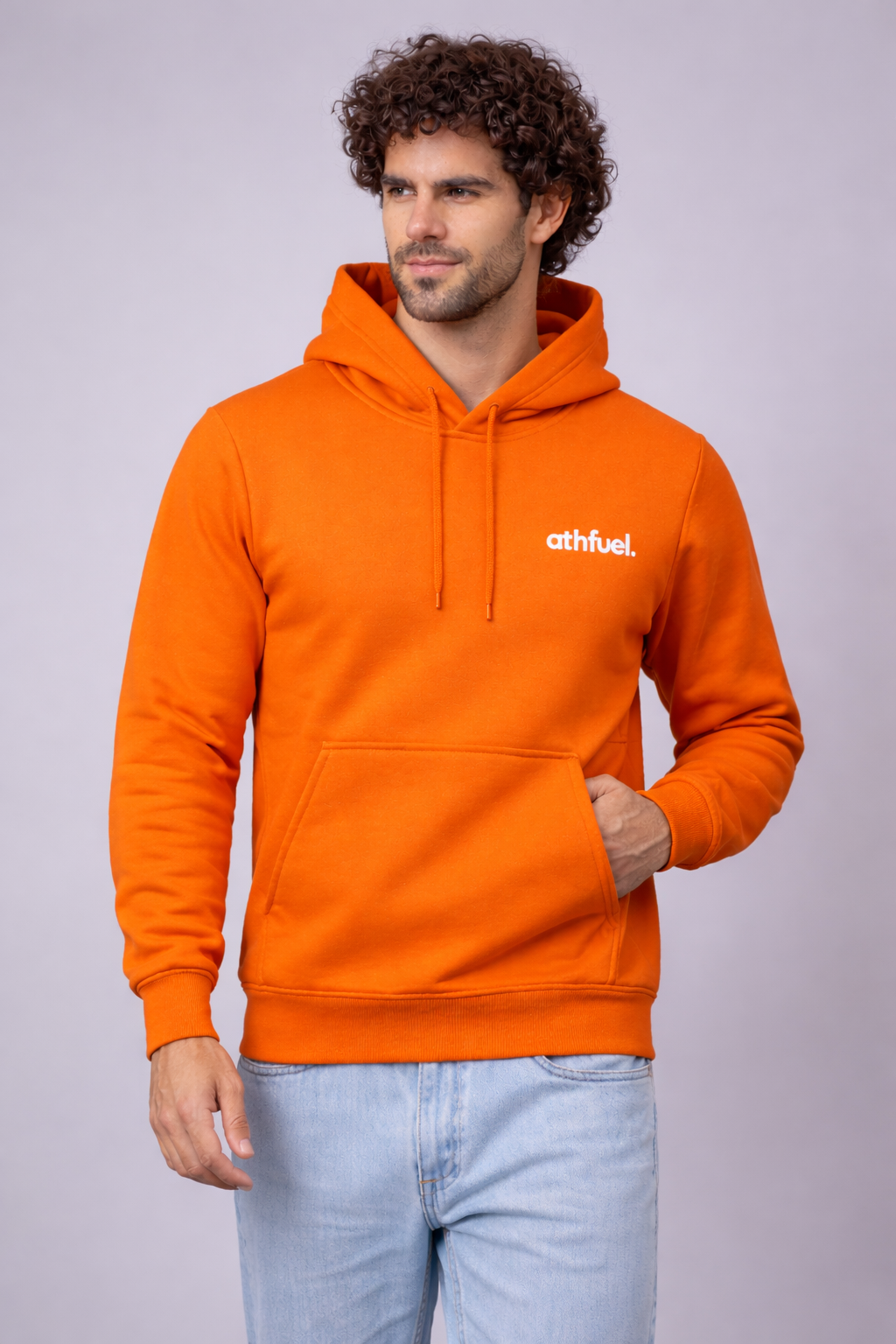 Model Shot of Man wearing Athfuel 'Im OK' hoodie in color Orange