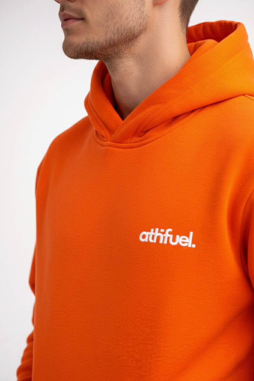 Neck view of Man wearing Athfuel 'Im OK' hoodie in color Orange